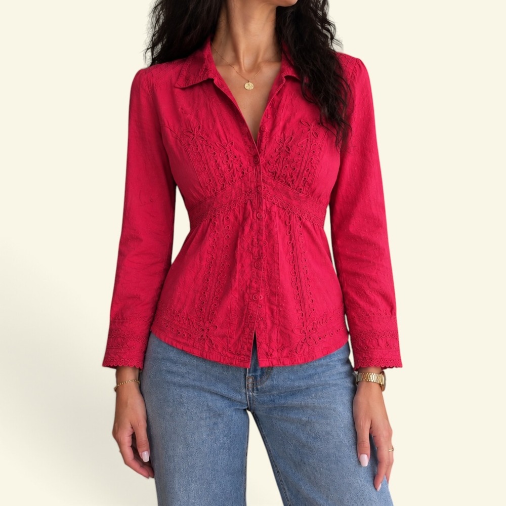 NOVICA Red 100% Pima Cotton Embroidered Boho Chic Button Top Cottagecore Size S